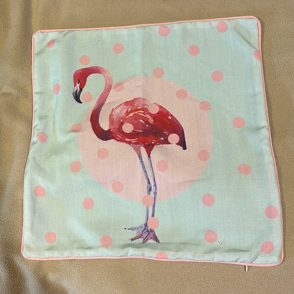 NWOT blue, pink  and purple pillow cushion cover with a pink flamingo and dots